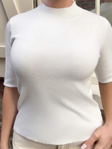 Bethéva 女式半高领修身短款七分袖针织套头衫秋季 - 白色 - 查看 3