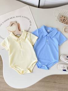 Playful Pals 男婴夏季针织连体衣，纯色短袖半开襟连体衣两件套，适合休闲穿着、居家和户外活动 - 彩色 - 查看 9