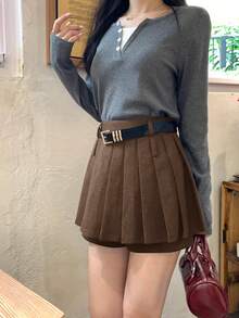 DAZY Gonna corta plissettata di colore unito, stile coreano, autunno/inverno - Castano - Visualizzare 3