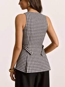 Poéselle Áo vest cotton kẻ caro cài cúc phía trước thanh lịch dành cho nữ, áo đi chơi cho nữ, áo kiểu nữ thanh lịch, áo thường ngày cho nữ, áo đi biển cho nữ, áo đi nghỉ mát cho nữ, áo mùa hè, áo mùa xuân/hè, chất liệu cotton. - màu đen - Xem 4