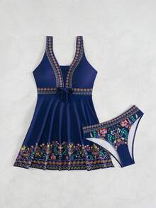 Swim Lushoire 女士印花保守款坦克比基尼泳衣，黑色，适合海滩度假 - 藏蓝色 - 查看 3