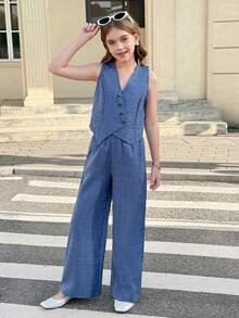 SHEIN Nova Glow Tween Girl Sleeveless Woven Top With Asymmetrical Hem And Buttons, Paired With Relaxed Straight Leg Pants, 2pcs Set, French Elegant And Fashionable Office Wear - Blue - View 1
