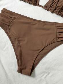 Bonvoyette Conjunto de bikini elegante y casual para vacaciones con escote halter, traje de baño hecho a mano con cuerda para fiesta en la isla y piscina - Café integral - Ver 7