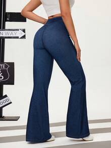 Flexra Quần jeans ống loe dáng ôm, màu trơn dành cho nữ, kiểu dáng thường ngày. - Rửa tối - Xem 2