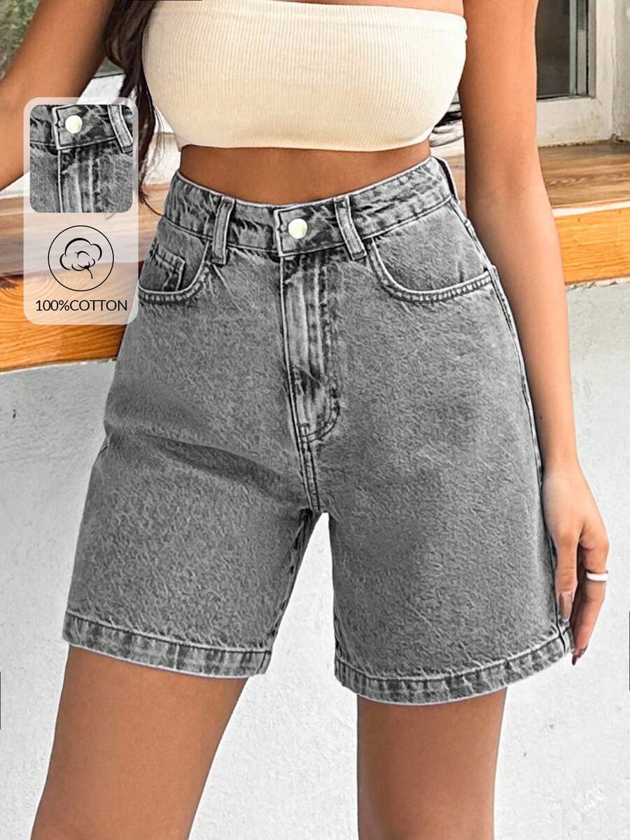 EURMUSE 100%Cotton Rigid Medium Wash Women Short - Grey - View 1