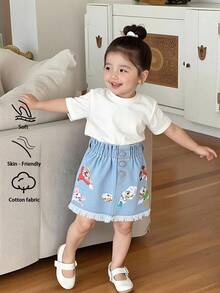Baby Girls Denim Skirt,Light Blue Summer Casual Graduation,Elastic Waist Ruched Animal Print Button Decor Loose Cotton Skirts For School Party Outing - Light Wash - View 6