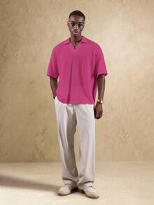 SUMWON Tricou polo tricotat pentru bărbați, crop fit, cu mânecă scurtă, stil resort, cu plasă deschisă, texturată, de vară, casual, top cu guler - Roz - Vizualizare 4