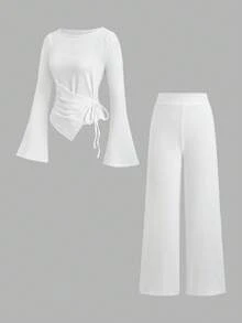 Sweetra Y2K Asymmetrical Hem Pleated Textured 2 Pieces Set, Versatile For Commuting & Wide-Leg - White - View 3