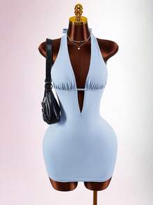 Amplova 2026 New Arrival Minimalist Blue Low-Cut Halter Waist-Cinched Bodycon Mini Dress, Sporty Chic - Blue - View 2