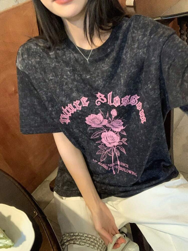 Women's Slogan & Floral Print Round Neck Short Sleeve Casual T-Shirt Oversized