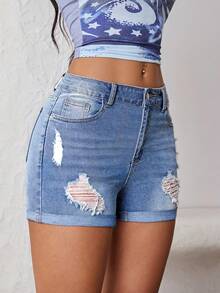 SHEIN ICON 女式休闲夏季水洗做旧紧身牛仔短裤 - 中等水洗藍 - 查看 3