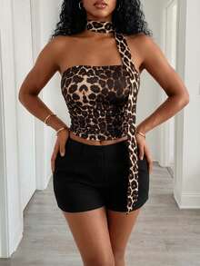 Eryvara Áo quây xếp ly họa tiết da báo kèm khăn quàng cổ - Nhiều màu - Xem 3