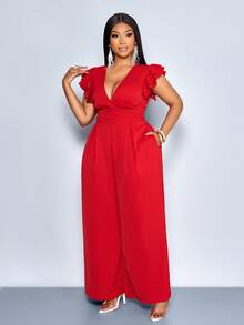 SOLERSUN 女士优雅深V领褶皱露背收腰双层荷叶袖阔腿口袋连体裤，腰部饰有3D立体花朵，适合派对、情人节约会等场合 - 紅色 - 查看 5