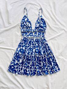 Soleia 女士度假风编织蓝底白花印花吊带迷你连衣裙，花朵轮廓，夏季套装 - 彩色 - 查看 2