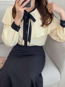 FRIFUL Women's Round Neck Ruffle Collar Contrast Trim Tie Front Long Sleeve Poncho Blouse, Suitable From Spring To Summer - White - View 4