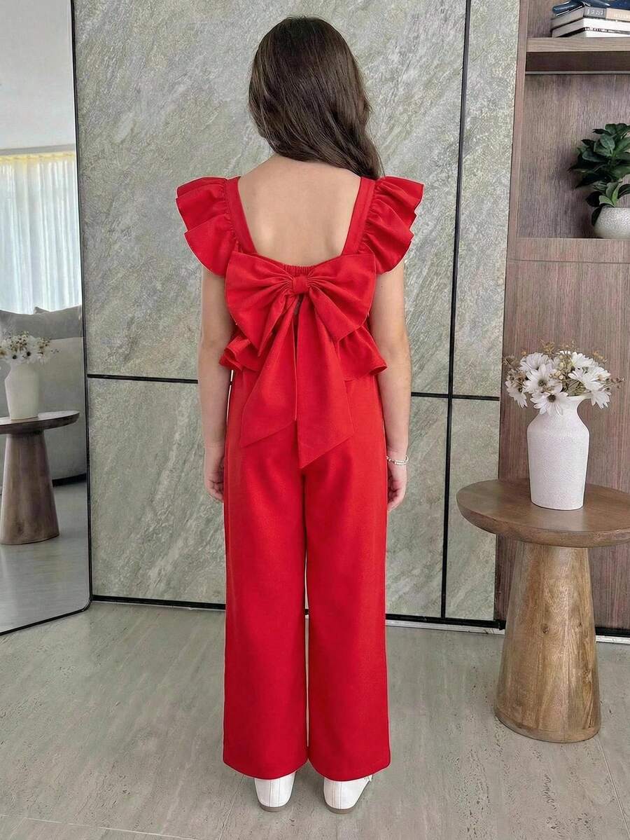 2pcs Tween Girls' Casual Patchwork Ruffle Hem Shirt And Pants Set - Red - View 1