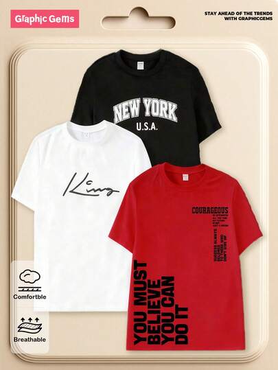 SHEIN GraphicGems 3pcs/Set Teens' Casual Round Neck Short Sleeve T-Shirts, Versatile