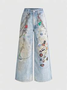 ROMWE Grunge Punk Y2K Sexy Distressed Washed Chain & Badge Print Wide Leg Jeans For Women - Blue - View 1
