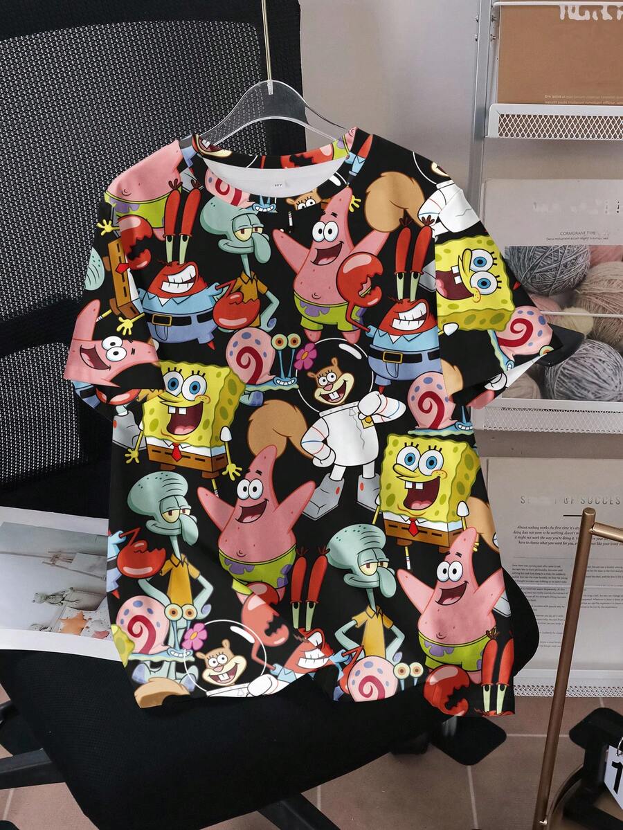SpongeBob SquarePants | SHEIN 男童休闲卡通图案圆领短袖T恤,夏季 - 白色 - 查看 1