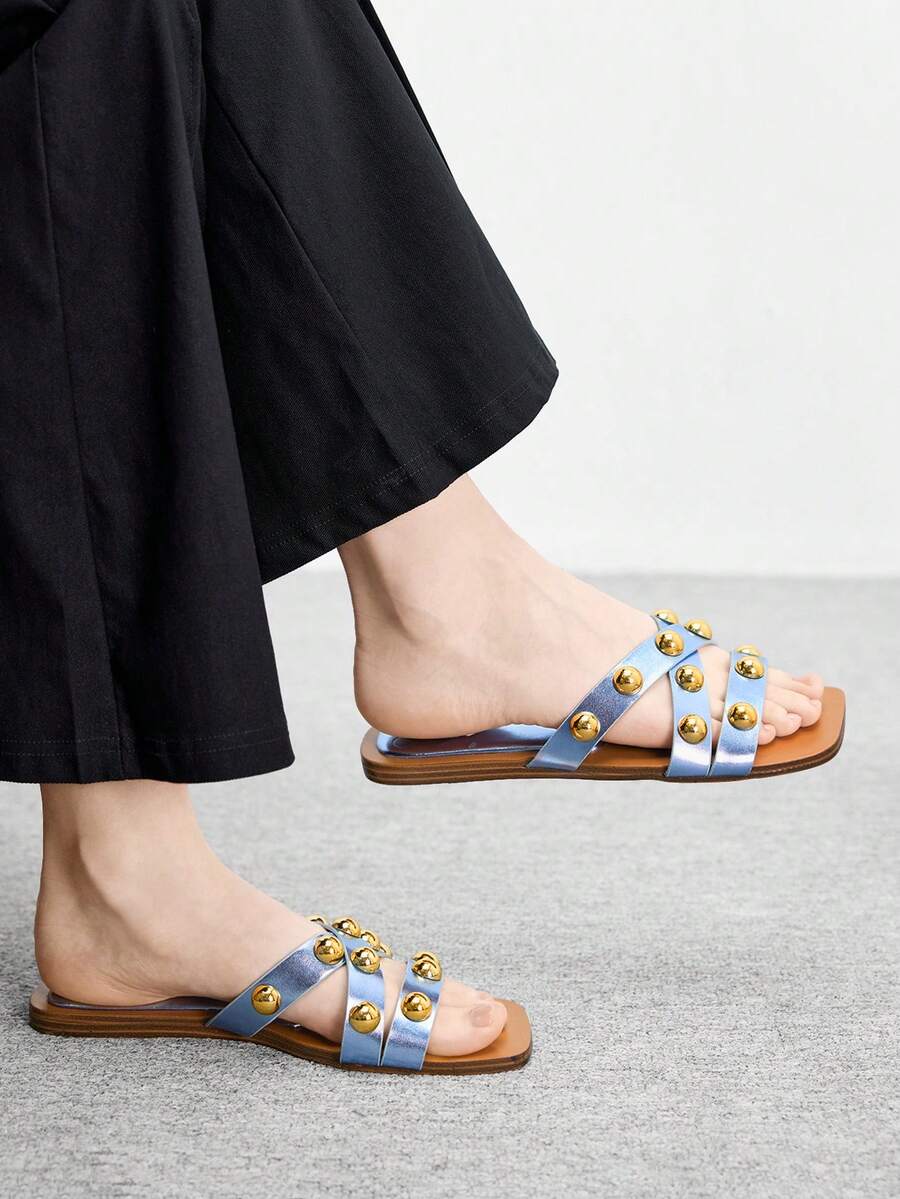 CUCCOO BIZCHIC 女士金属装饰休闲平底拖鞋 - 寶藍色 - 查看 1
