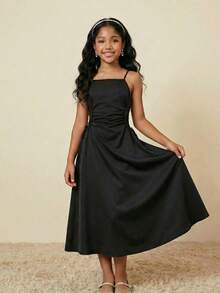 少女休闲优雅吊带束腰连衣裙，适合日常、派对和各种活动穿着。 - 黑色 - 查看 1