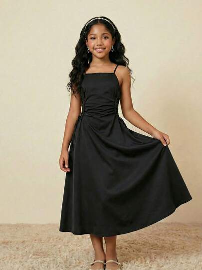 Tween Girls' Casual Elegant Spaghetti Strap Waist Tie Cinched Waist Design Dress, Suitable For Daily, Party, And Event Wear