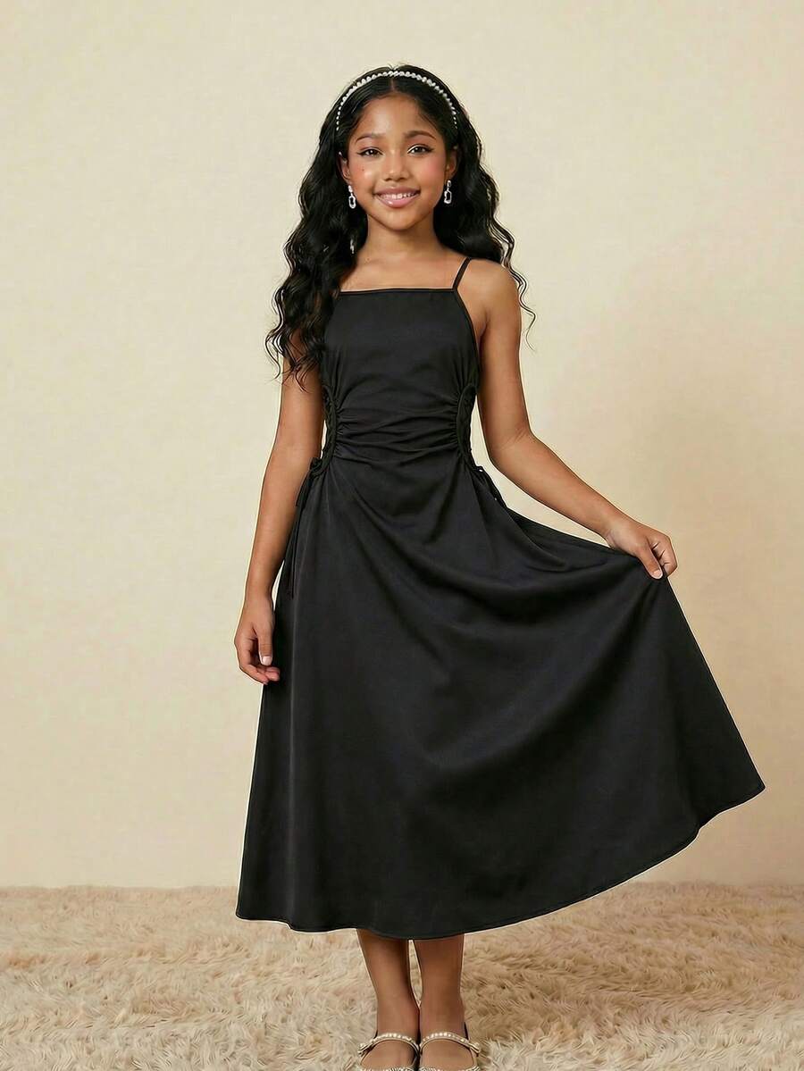 少女休闲优雅吊带束腰连衣裙，适合日常、派对和各种活动穿着。 - 黑色 - 查看 1