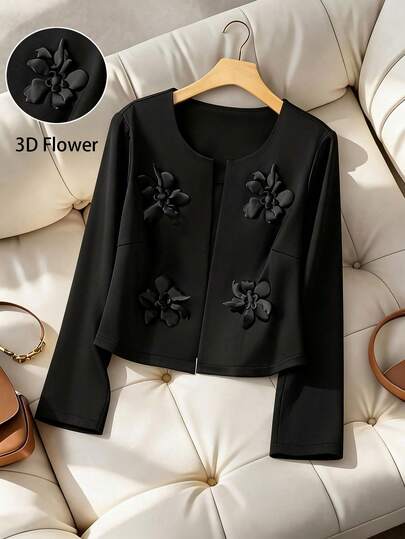 GlowEve CURVE Plus Size Women's Solid Color Collarless Casual Blazer Jacket With 3D Floral Decor
