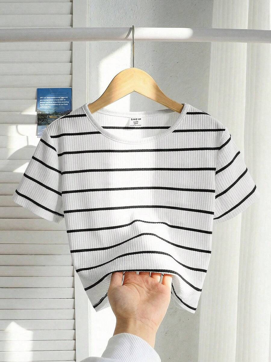 SHEIN Áo thun cổ tròn tay ngắn phối sọc Nova thường ngày cho bé gái tuổi teen - trắng - Xem 1