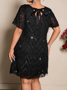 Cravure 优雅奢华流苏面料露背蝴蝶结系带设计大码女装 - 黑色 - 查看 2