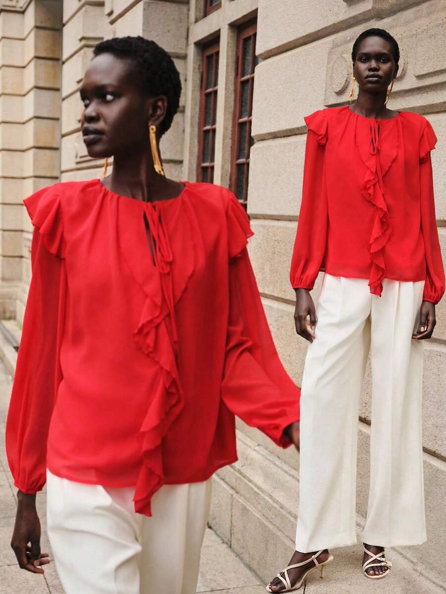 Lumivelle Women's Fashion Ruffle Front Shirt, Valentine's Day Series Red Blouses Ruffle Blouse Long Sleeve Blouse - Red - View 1
