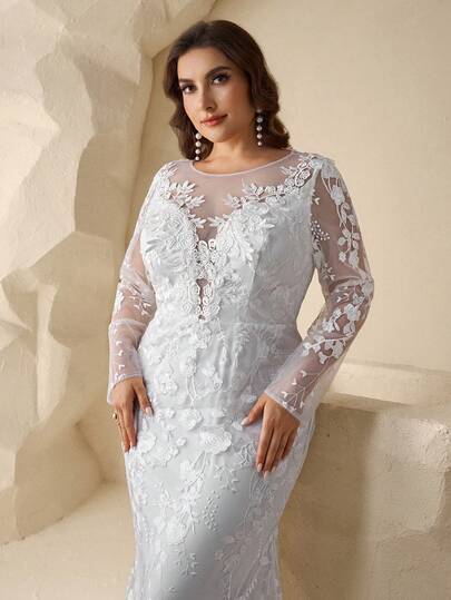 Coutiva Plus Floral Embroidery Mesh Wedding Dress