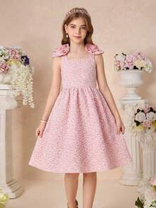 SHEIN Tween Girl Elegant Square Neck Sleeveless 3D Floral Decor A-Line Midi Dress For Party Holiday Celebration Tween Girl - Pink - View 5