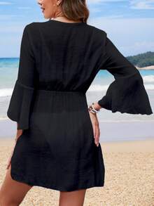 Swim Lushoire 女款夏季海灘收腰喇叭袖拼接蕾絲優雅度假洋裝 & 外罩衫 - 黑色 - 查看 2