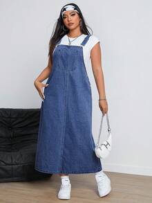 SHEIN ICON Women's Casual Versatile Pocket Denim Pinafore Dress For Dating & Outings - Dark Wash - View 6