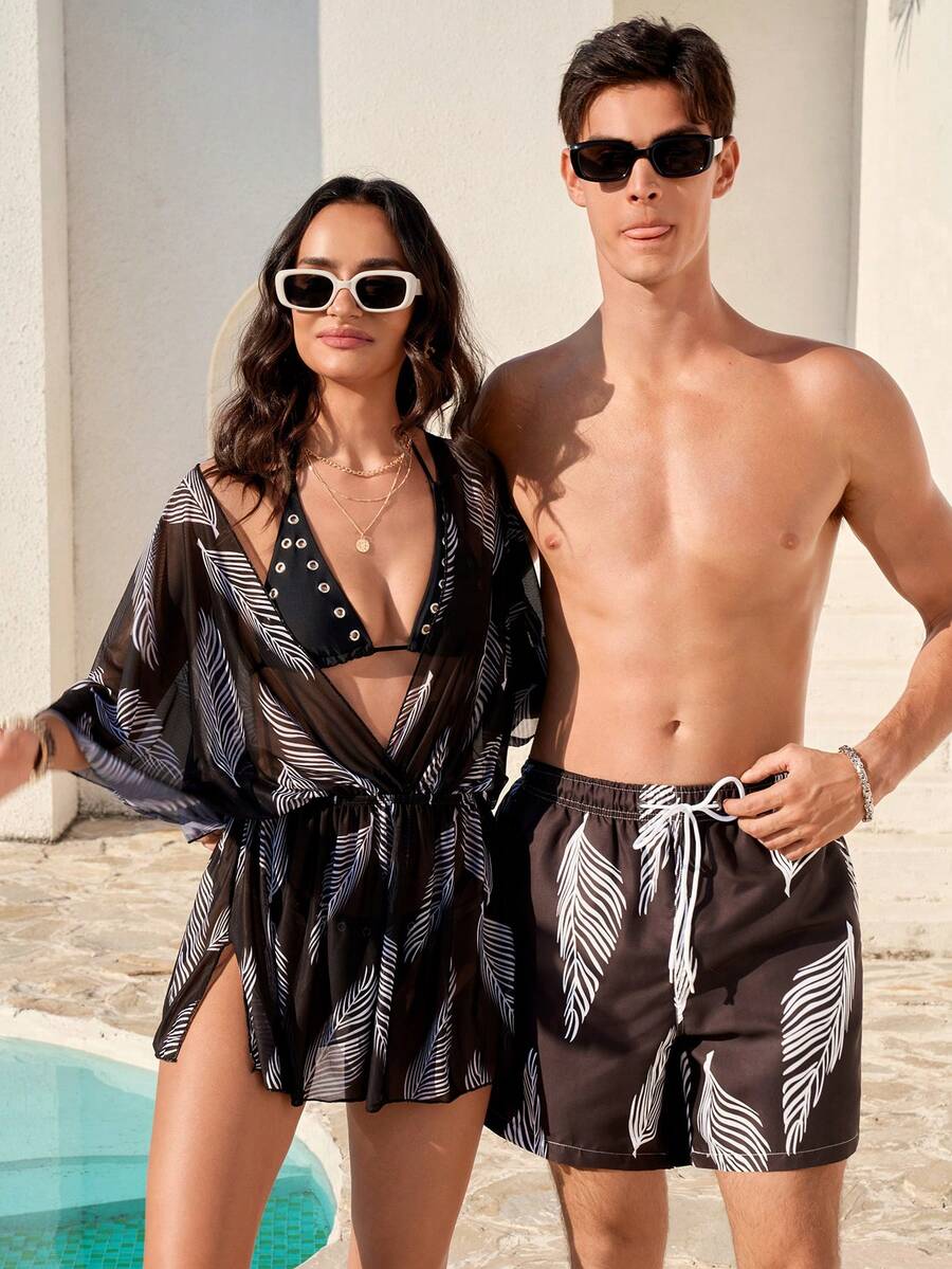 Manfinity VDAYZ 男士全印花抽绳腰斜插口袋休闲度假沙滩短裤 - 黑與白 - 查看 1