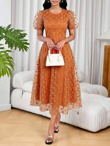 SHEIN Lady 女士优雅通勤波点网纱泡泡袖中长连衣裙 - 棕色 - 查看 3