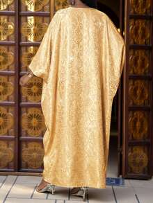 SHEIN Lady Váy dạ hội thanh lịch, kín đáo mùa xuân và hè, thích hợp cho tiệc cưới, ngày Valentine, tiệc cocktail, hòa nhạc/lễ hội âm nhạc, màu xanh lam rực rỡ, lấp lánh, dệt jacquard, tay áo cánh dơi xẻ tà, cài cúc vàng, cỡ lớn. - Vàng - Xem 3