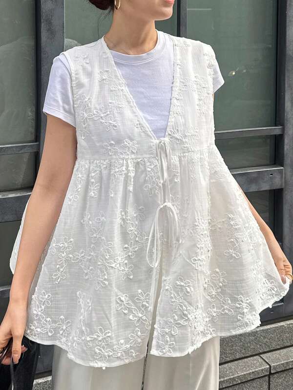 FRIFUL Women's Solid Color Cotton Embroidered Fabric Tie-Up Bow Loose Casual Lightweight Jacket, Suitable For Spring And Summer