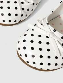 ROMWE Kawaii 女士软底玛丽珍平底鞋，蕾丝蝴蝶结，搭扣，乐福鞋，圆头，低跟，穆勒鞋，白色正式礼服平底鞋，情人节 - 白色波點 - 查看 5