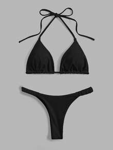 Swim Mod Women's Solid Color Halter Tie Sexy Bikini Swimwear Set, Summer Beach Bikini Black Swimsuit Set Black Bathing Suits Bathing Suit Set Bikini Set Micro Bikini Set Ruffle Bikini Set - Black - View 1