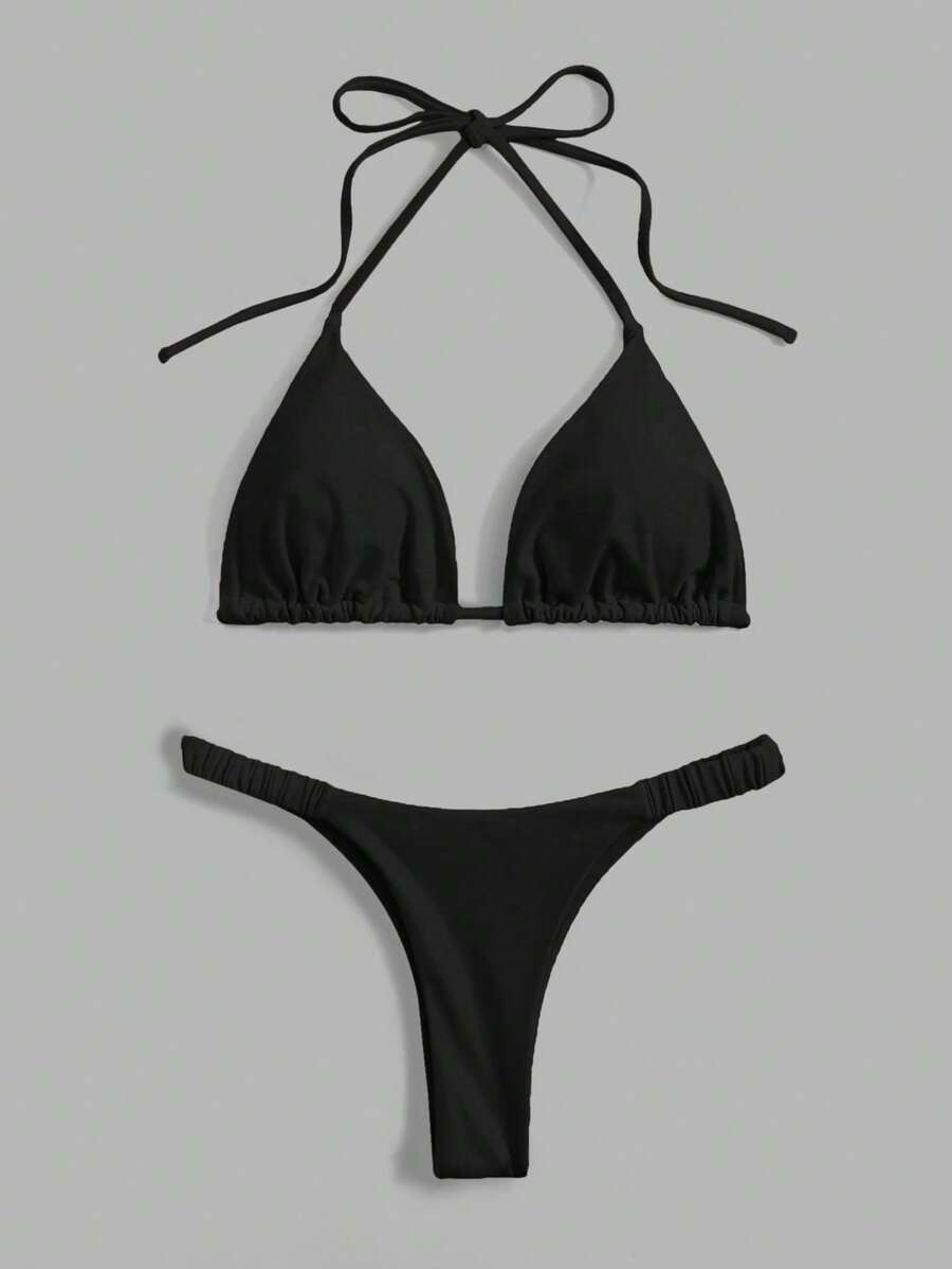 Swim Mod Women's Solid Color Halter Tie Sexy Bikini Swimwear Set, Summer Beach Bikini Black Swimsuit Set Black Bathing Suits Bathing Suit Set Bikini Set Micro Bikini Set Ruffle Bikini Set - Black - View 1