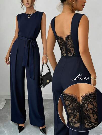 Gloray Women's Contrast Lace Sleeveless Wide Leg Casual Jumpsuit