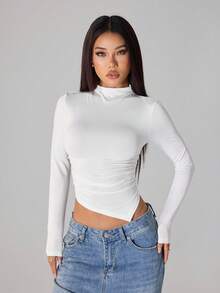 SHEIN PETITE 2件套不对称下摆高领长袖T恤高领修身女款上衣 - 彩色 - 查看 10
