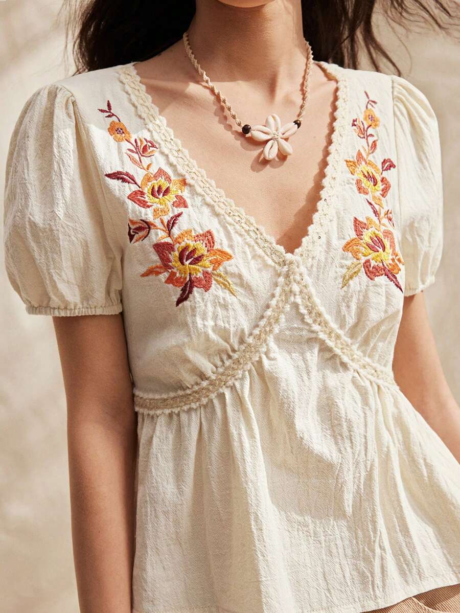 Easelle 花卉刺绣泡泡袖休闲度假衬衫 - 杏色 - 查看 1