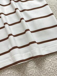 GlowEve 女士通勤优雅条纹长袖T恤和长裤两件套，带口袋和腰带 - 咖啡棕 - 查看 5