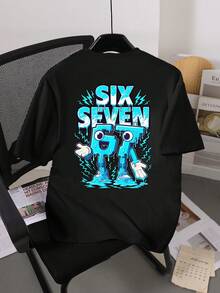 SHEIN Explorewe 青少年男童休闲时尚简约“67”双面印花短袖圆领T恤，适合外出穿着；黑色短袖上衣“Six Seven”上衣，适合夏季及所有季节穿着。 - 黑色 - 查看 2