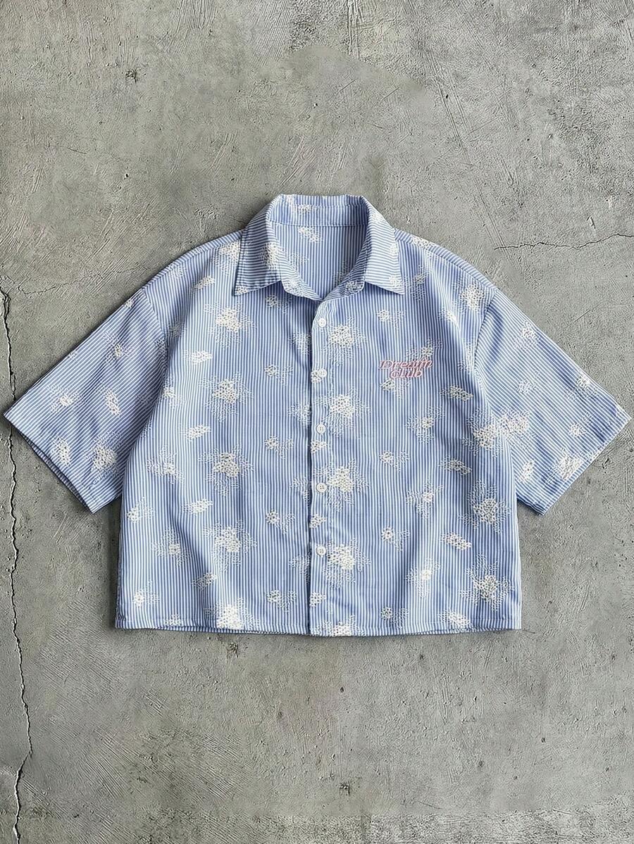 AXEPEAK Men's Summer Casual Striped Embroidered Shirt - Blue - View 1