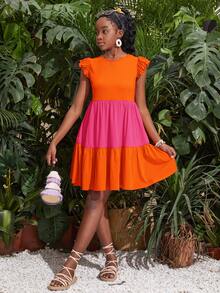 SHEIN 少女针织短袖撞色休闲罩衫连衣裙 - 彩色 - 查看 4