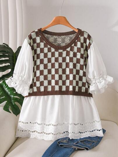 CosyJoli Plus Size Elegant French Style Vacation Casual Sophisticated Colorblock Lace Trim Spring/Summer Knit Top For Women